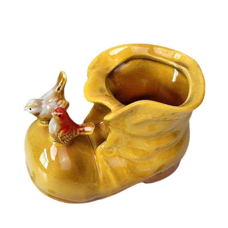 🐤 Yellow Ceramic Boot Vase with Birds – Handcrafted Decorative Holder