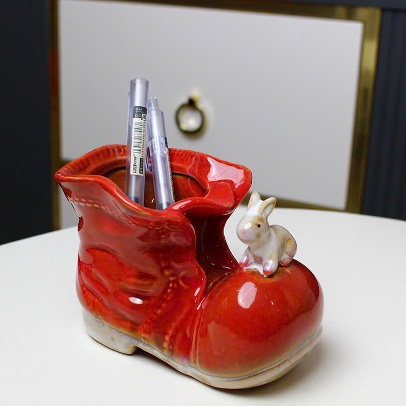 🐇 Ceramic Boot Pen Holder with Bunny – Handcrafted Decorative Organizer