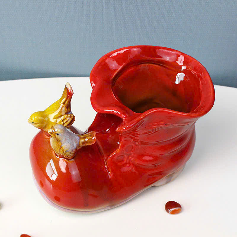 🐦 Handcrafted Ceramic Boot Vase with Birds – Decorative Organizer