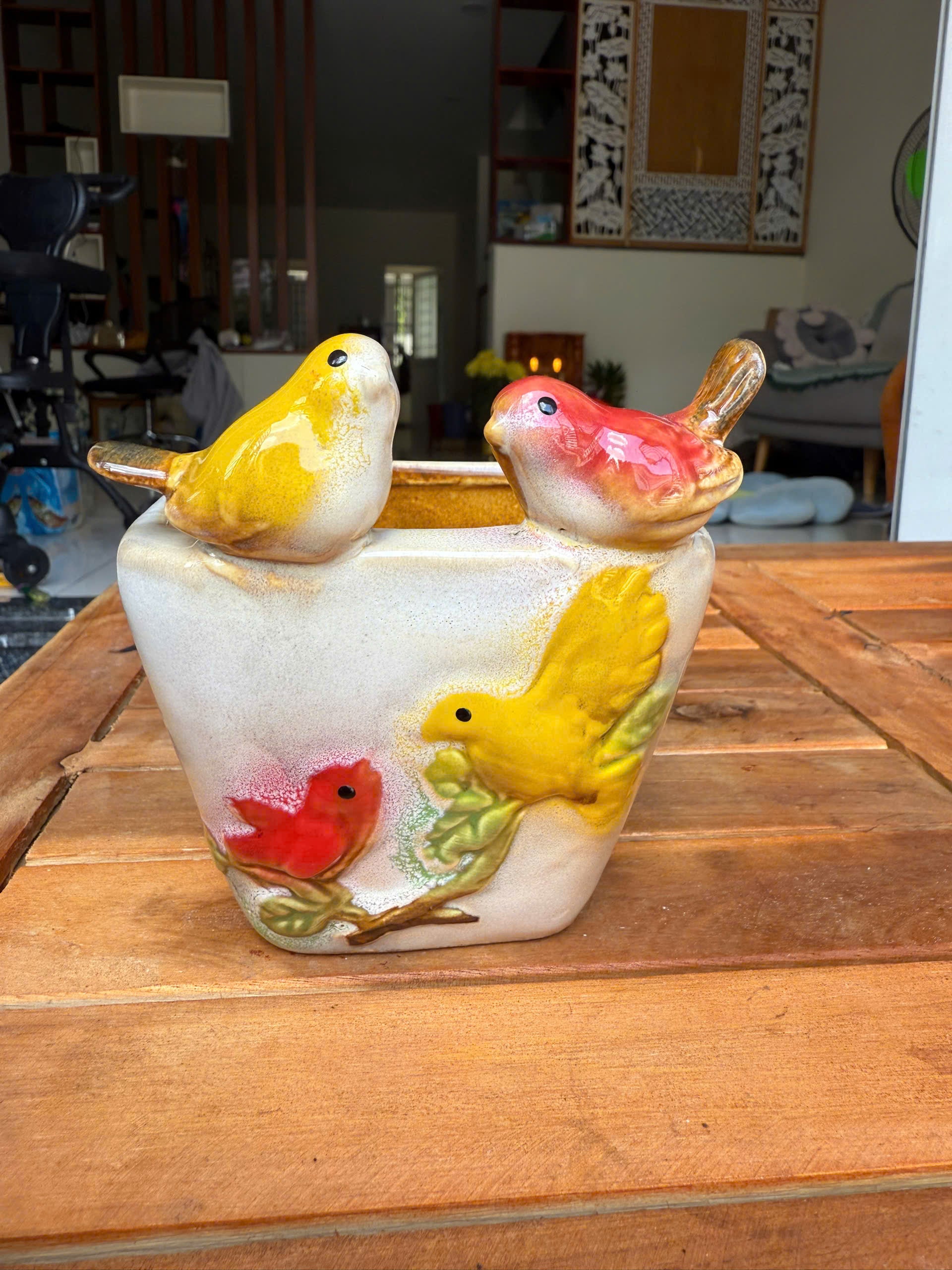 🌸 Handcrafted Ceramic Flower Pot with Birds – Artistic Home Décor